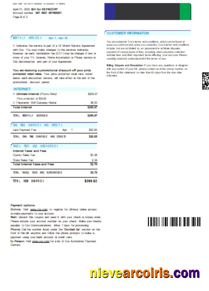 COX digital cable television utility business bill, page 2